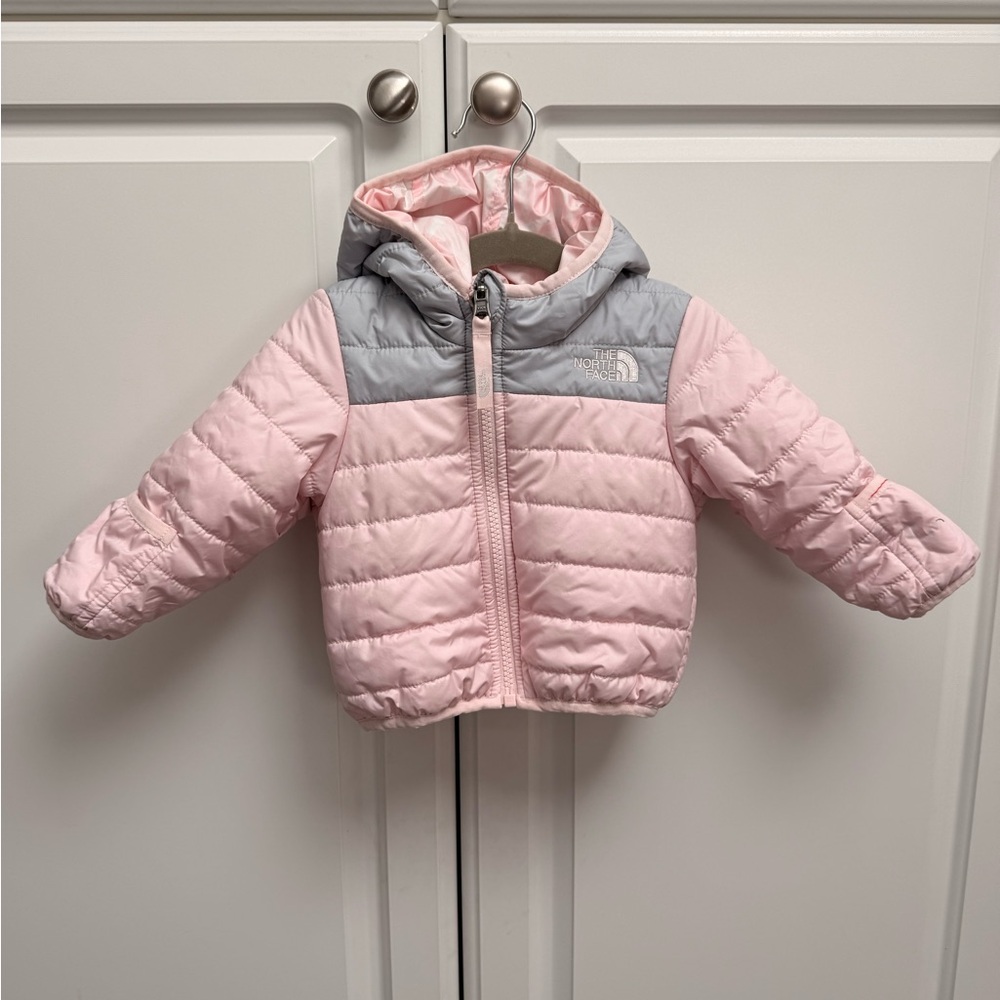 The North Face Light Pink and Gray Hooded Puffer Reversible Perrito Jacket